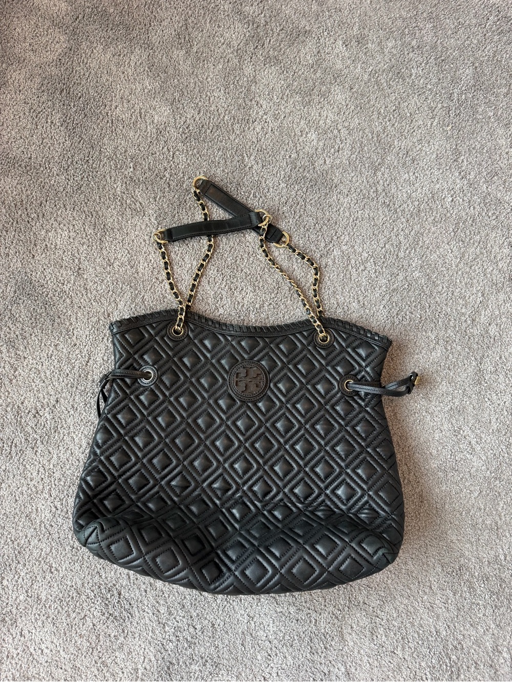 Tory Burch Black Quilted Chain-Handle Tote with Logo Medallion